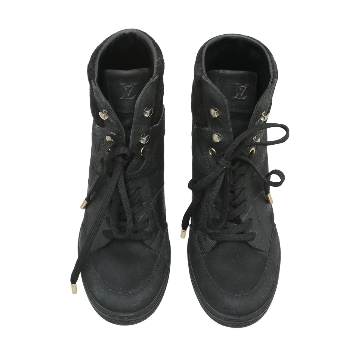 Buy the Louis Vuitton Black Monogram Nubuck Calf Leather & Suede Cliff Top  Wedge Men's Sneakers Size 39 EU with COA