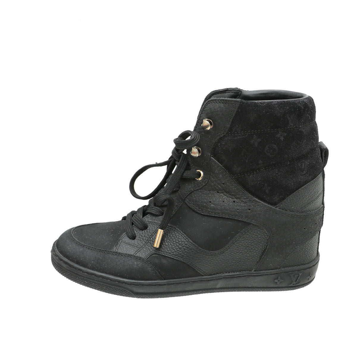 Buy the Louis Vuitton Black Monogram Nubuck Calf Leather & Suede Cliff Top  Wedge Men's Sneakers Size 39 EU with COA