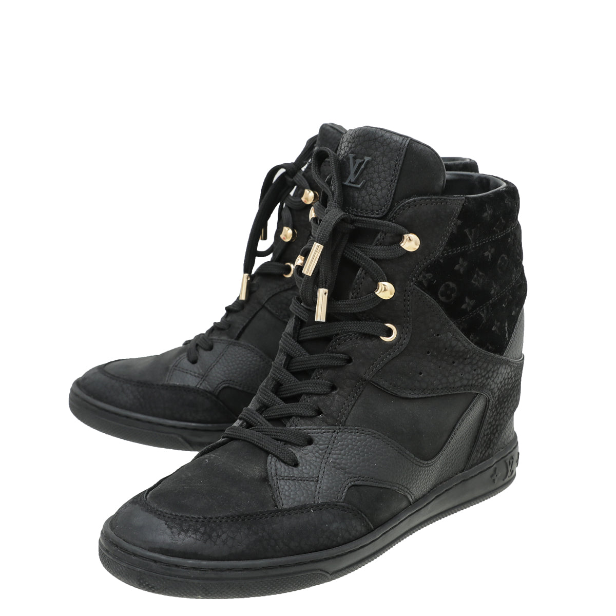 Louis Vuitton Black Monogram Suede Cliff Wedge Sneaker 38-Louis Vuitton-THE CLOSET