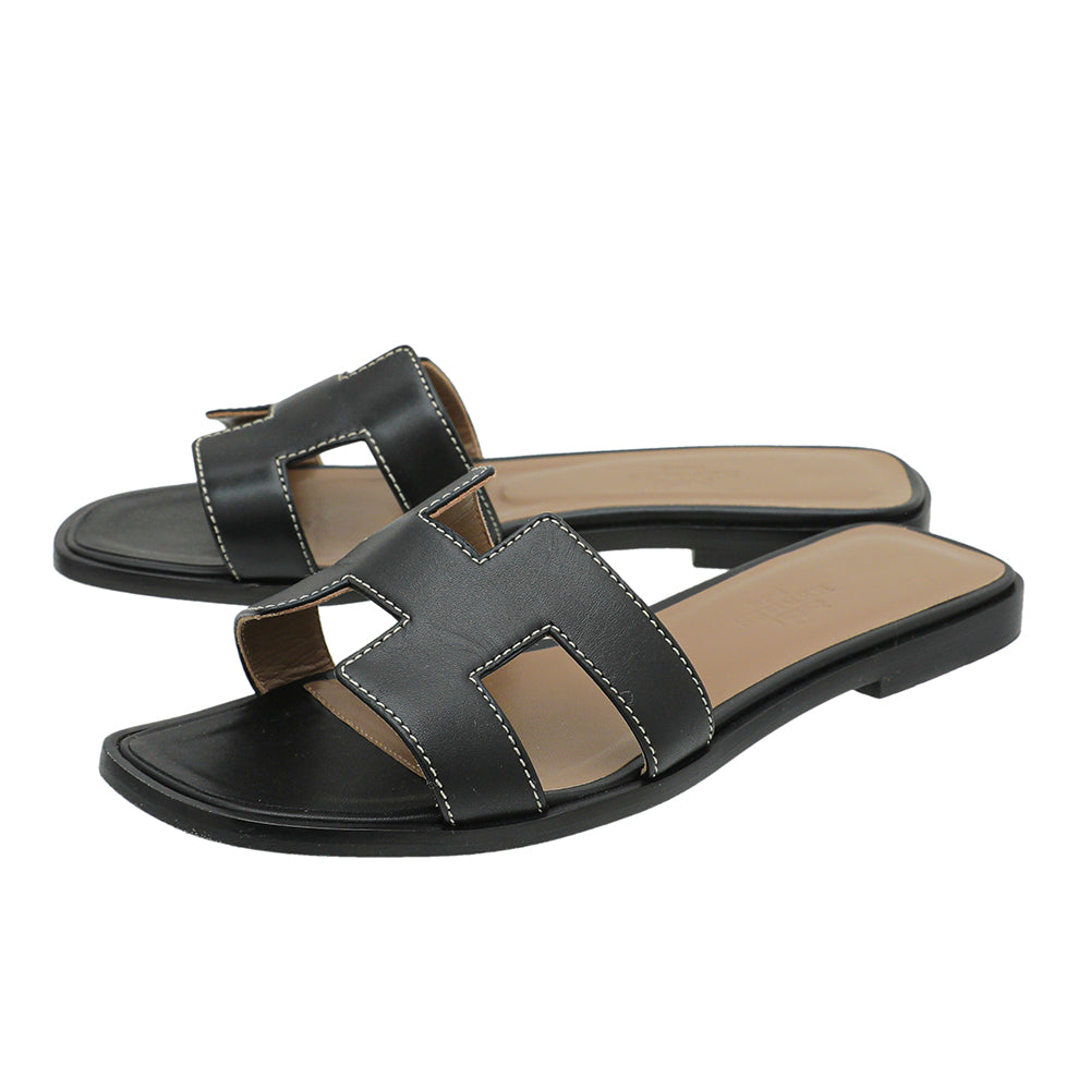 Hermes Noir Oran Sandals 34.5-Hermes-THE CLOSET