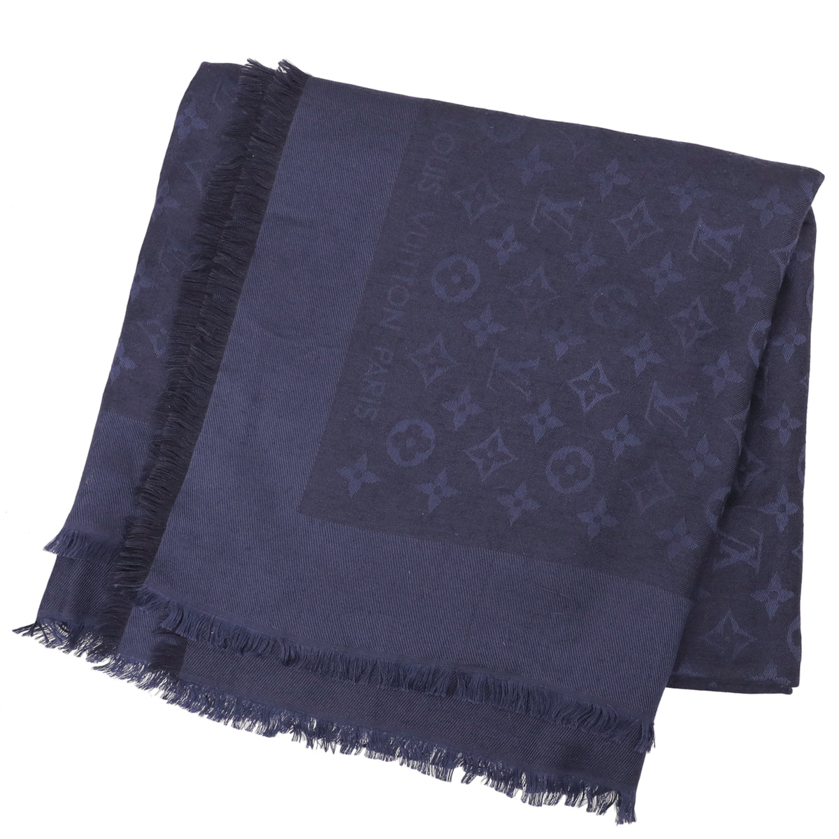 Louis Vuitton Dark Blue Monogram Silk Wool Shawl Scarf-Louis Vuitton-THE CLOSET
