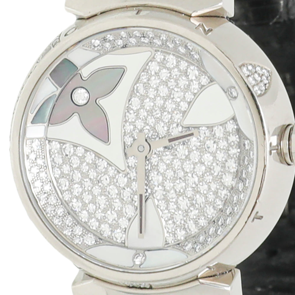 Louis Vuitton 18K White Gold MOP Crystal Diamond Blancs Tambour Flower Prec 28 Watch