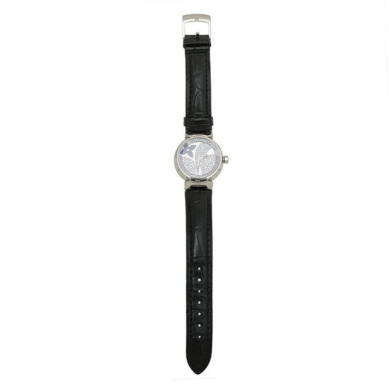 Louis Vuitton 18K White Gold MOP Crystal Diamond Blancs Tambour Flower Prec 28 Watch