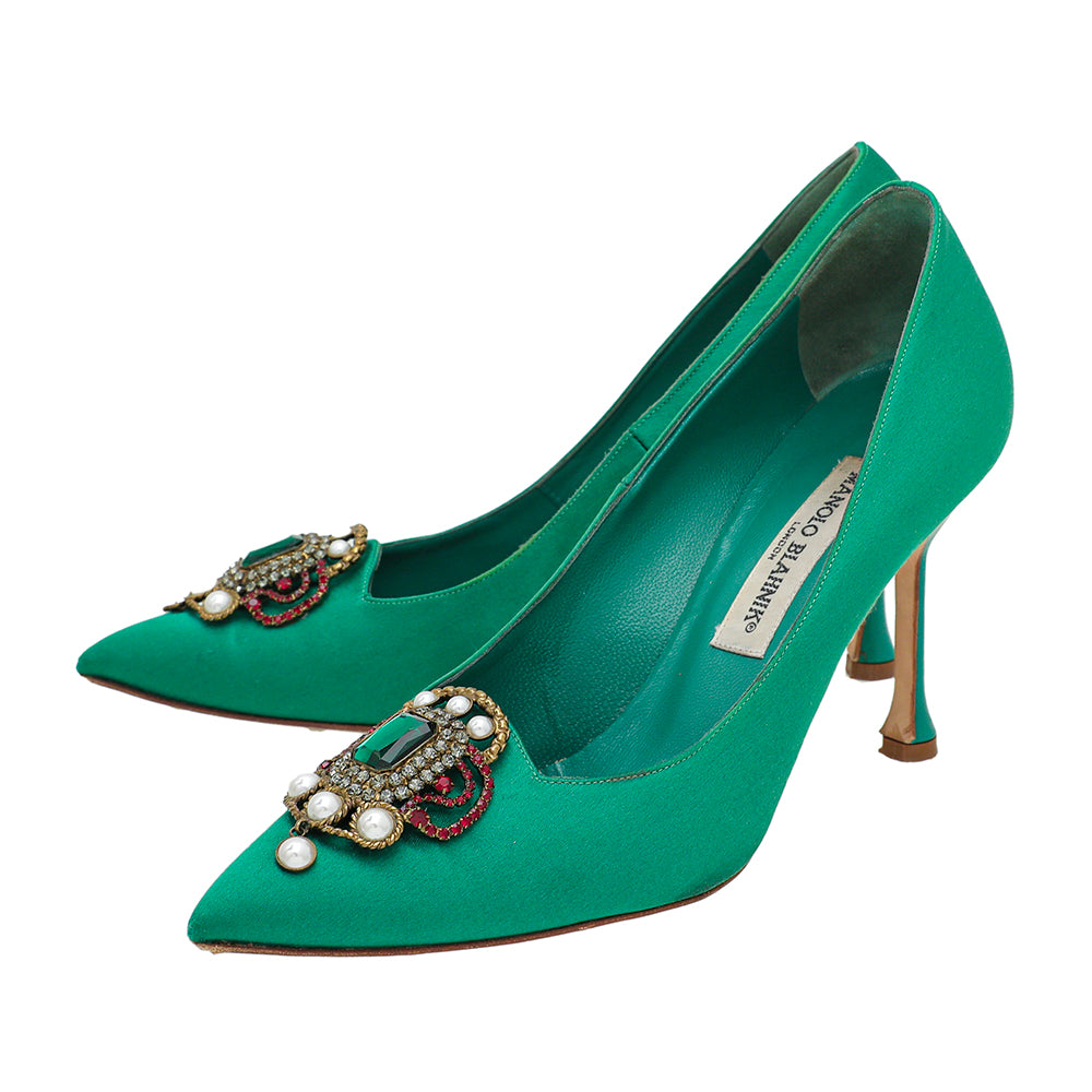 Manolo Blahnik Green Satin Eufrasia Pump 38-Manolo Blahnik-THE CLOSET