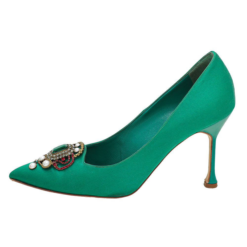 Manolo Blahnik Green Satin Eufrasia Pump 38-Manolo Blahnik-THE CLOSET