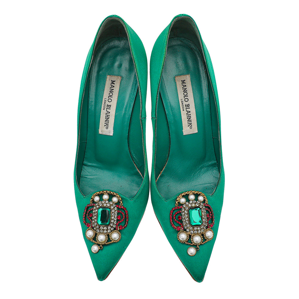 Manolo Blahnik Green Satin Eufrasia Pump 38-Manolo Blahnik-THE CLOSET
