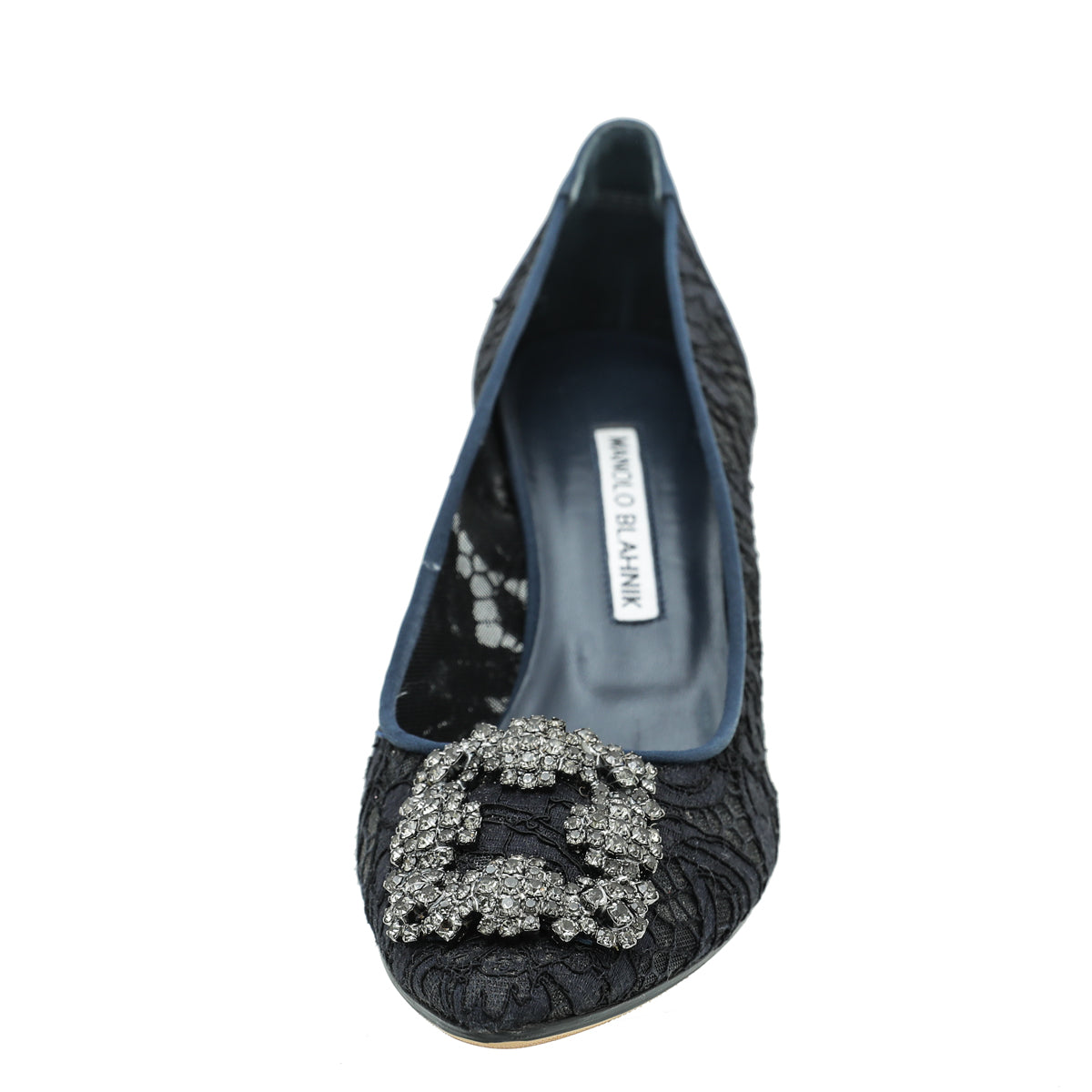 MANOLO BLAHNIK Hangisi lace jeweled buckle flats pumps shoes Navy 38 1/2