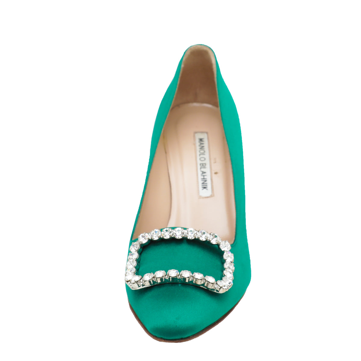 Manolo Blahnik Emerald Green Satin Olek Crystal Pumps 38-Manolo Blahnik-THE CLOSET
