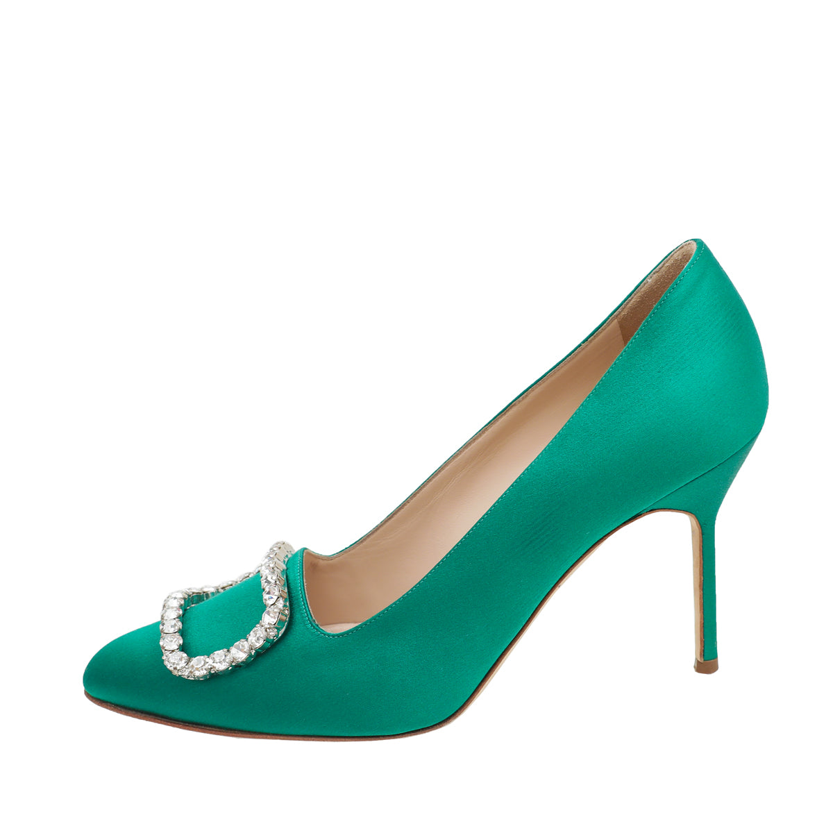 Manolo Blahnik Emerald Green Satin Olek Crystal Pumps 38-Manolo Blahnik-THE CLOSET