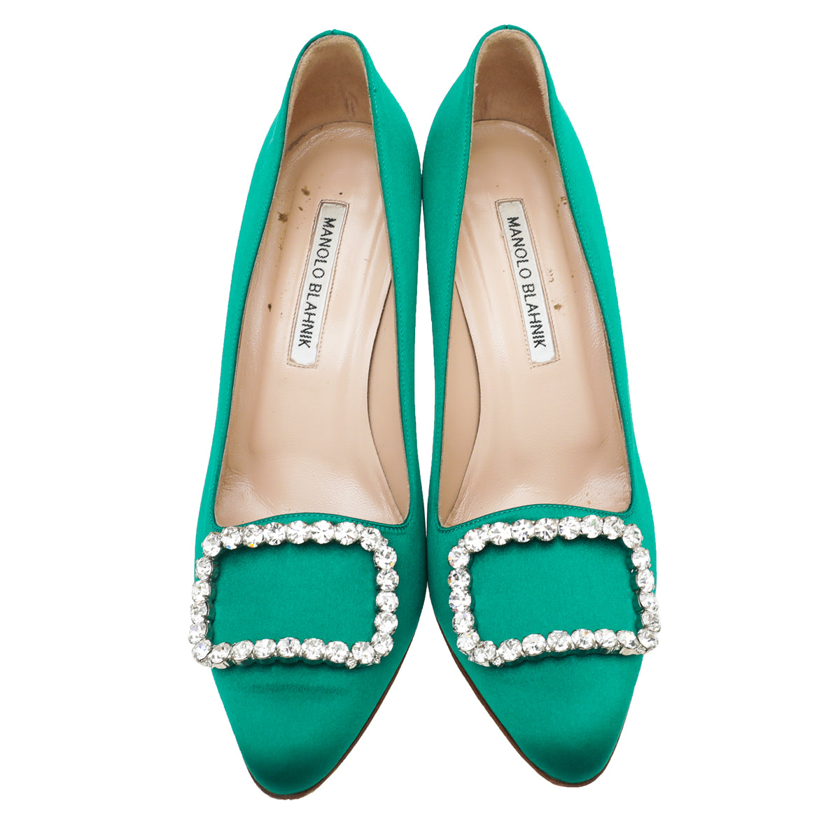 Manolo Blahnik Emerald Green Satin Olek Crystal Pumps 38-Manolo Blahnik-THE CLOSET