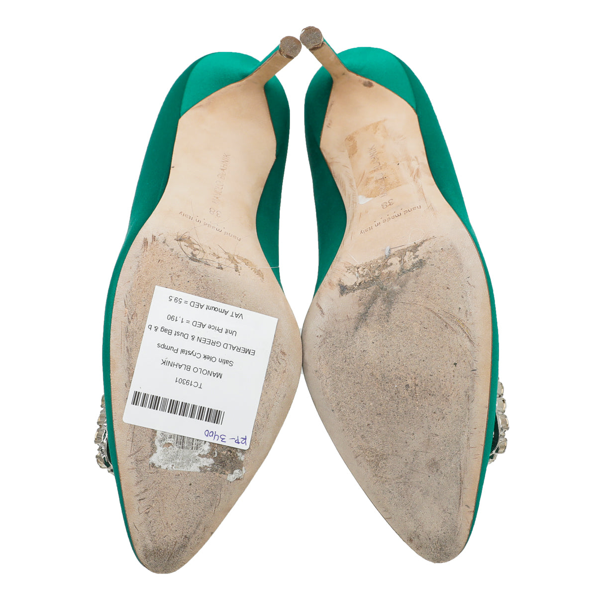 Manolo Blahnik Emerald Green Satin Olek Crystal Pumps 38-Manolo Blahnik-THE CLOSET