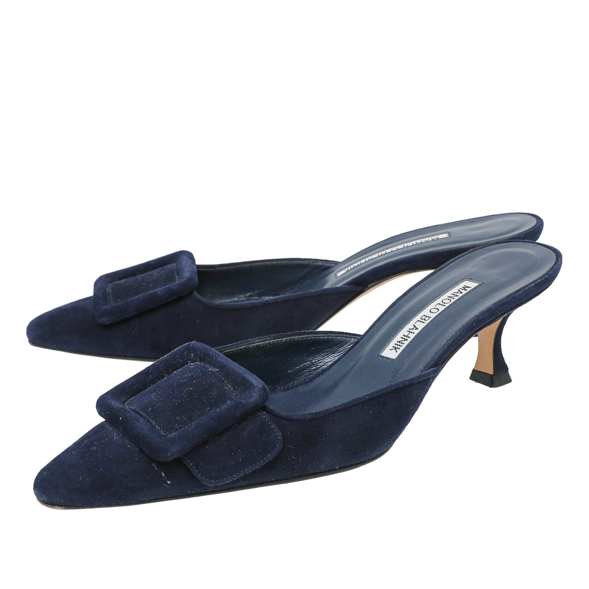 Manolo Blahnik Navy Blue Suede Maysale Kitten Mules 37.5-Manolo Blahnik-THE CLOSET