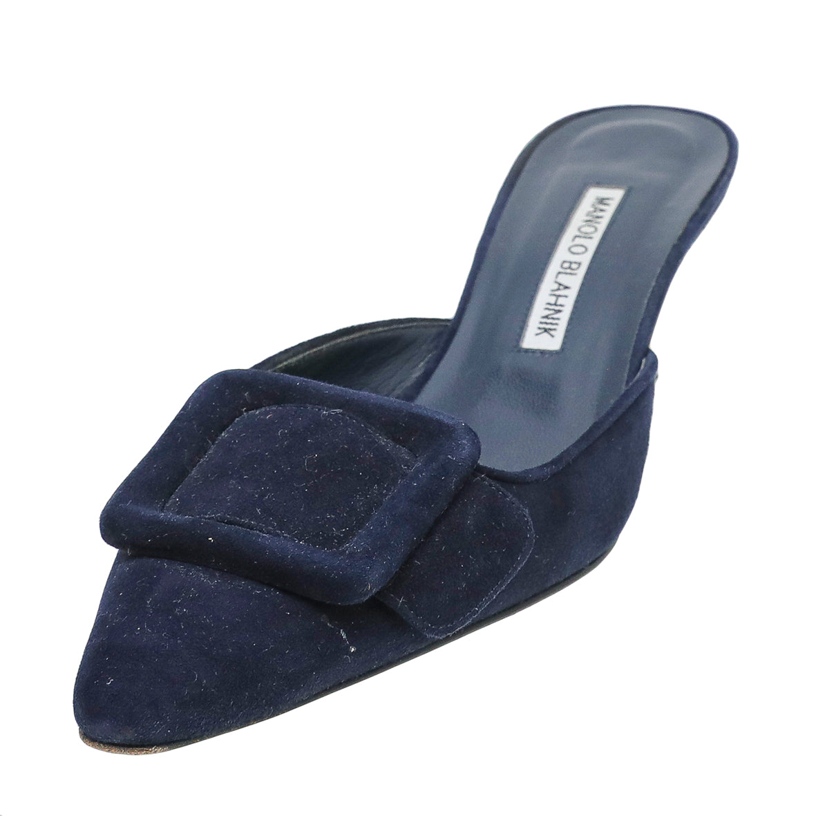Manolo Blahnik Navy Blue Suede Maysale Kitten Mules 37.5-Manolo Blahnik-THE CLOSET