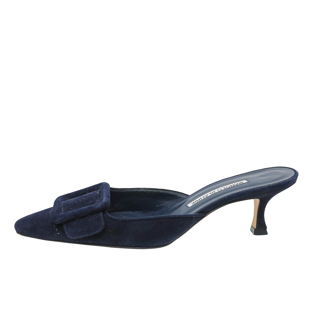 Manolo Blahnik Navy Blue Suede Maysale Kitten Mules 37.5-Manolo Blahnik-THE CLOSET