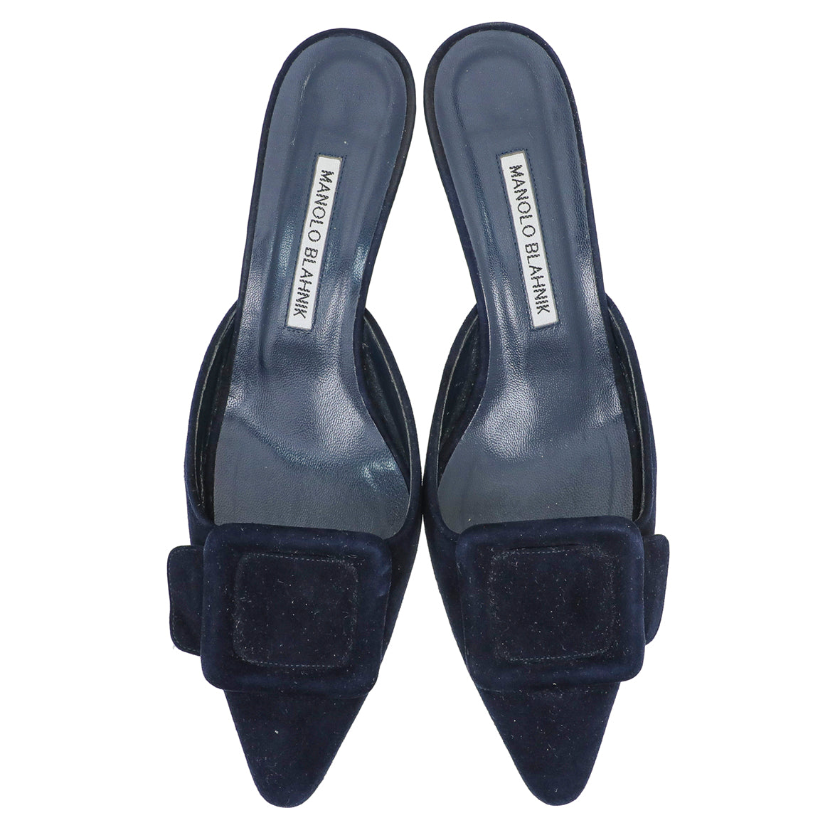 Manolo Blahnik Navy Blue Suede Maysale Kitten Mules 37.5-Manolo Blahnik-THE CLOSET