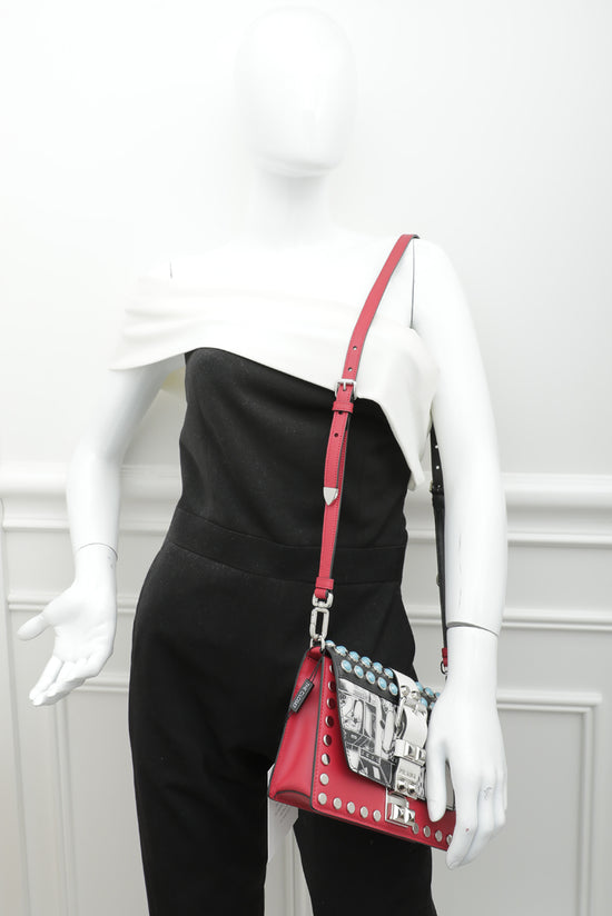 Prada Bicolor City Studded Elektra Woman Print Fram Bag