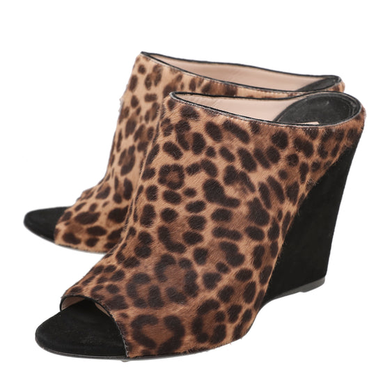 Prada Leopard Print Combo Wedge Slide Sandals 38.5