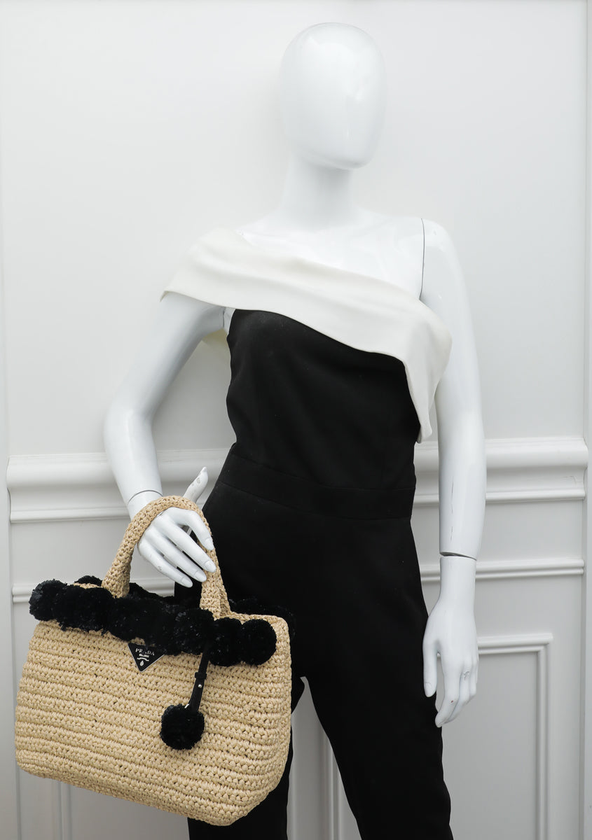 Prada Bicolor Raffia Pon Pon Tote Bag-Prada-THE CLOSET