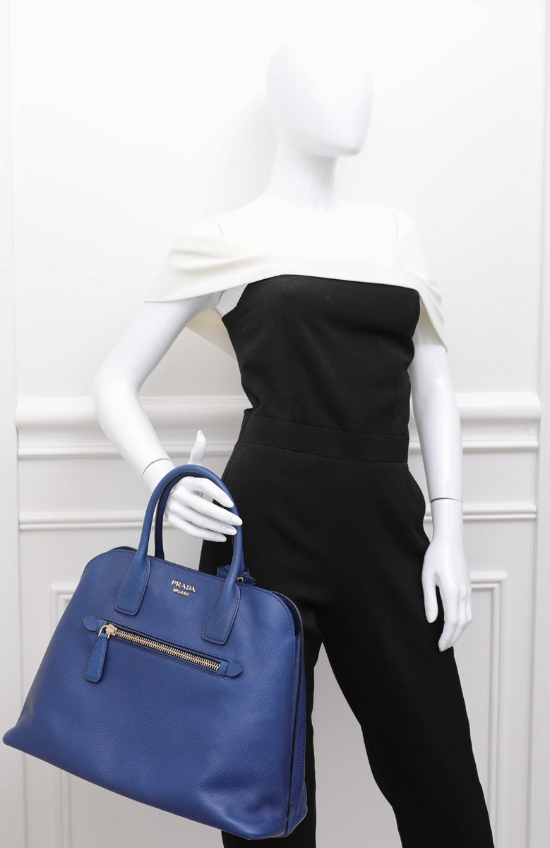 Prada Bluette Cuir Frone Zip Convertible Tote Top Handle Bag-Prada-THE CLOSET