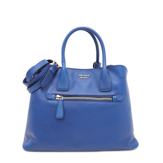 Prada Bluette Cuir Frone Zip Convertible Tote Top Handle Bag