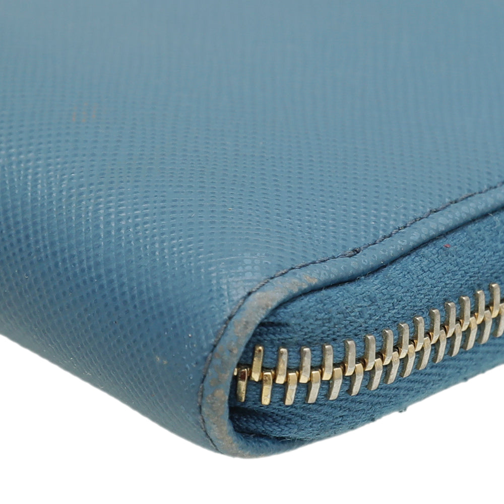 Prada Blue Saffiano Zip Around Wallet
