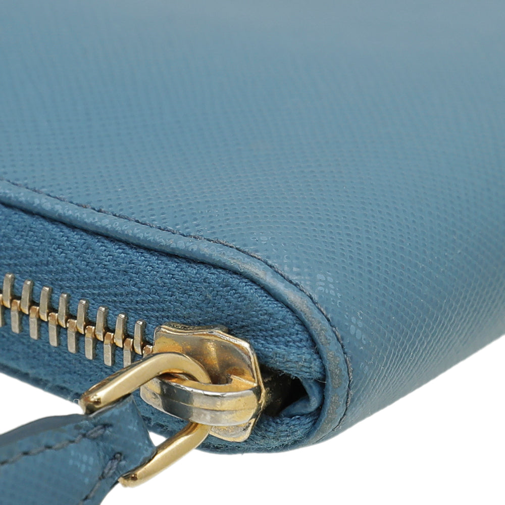 Prada Blue Saffiano Zip Around Wallet