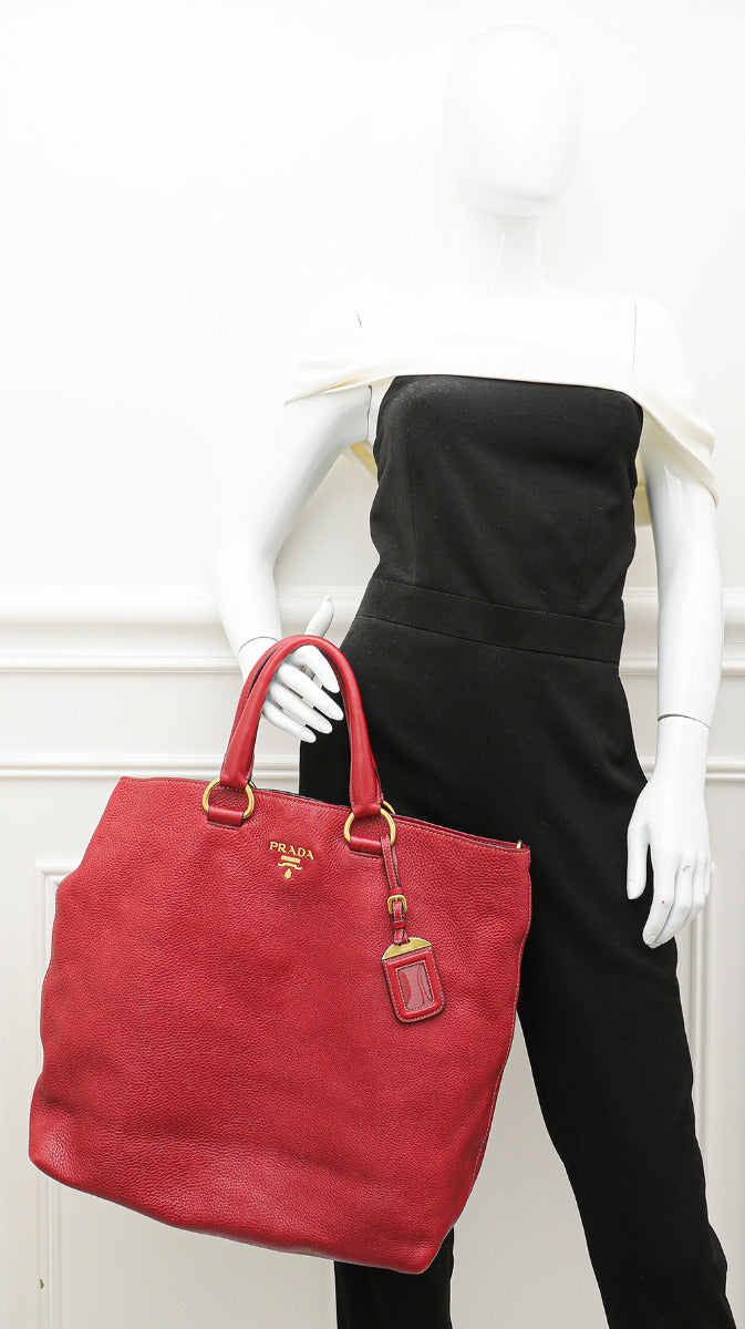 Prada Red Vitello Daino Vertical Convertible Tote Bag-Prada-THE CLOSET