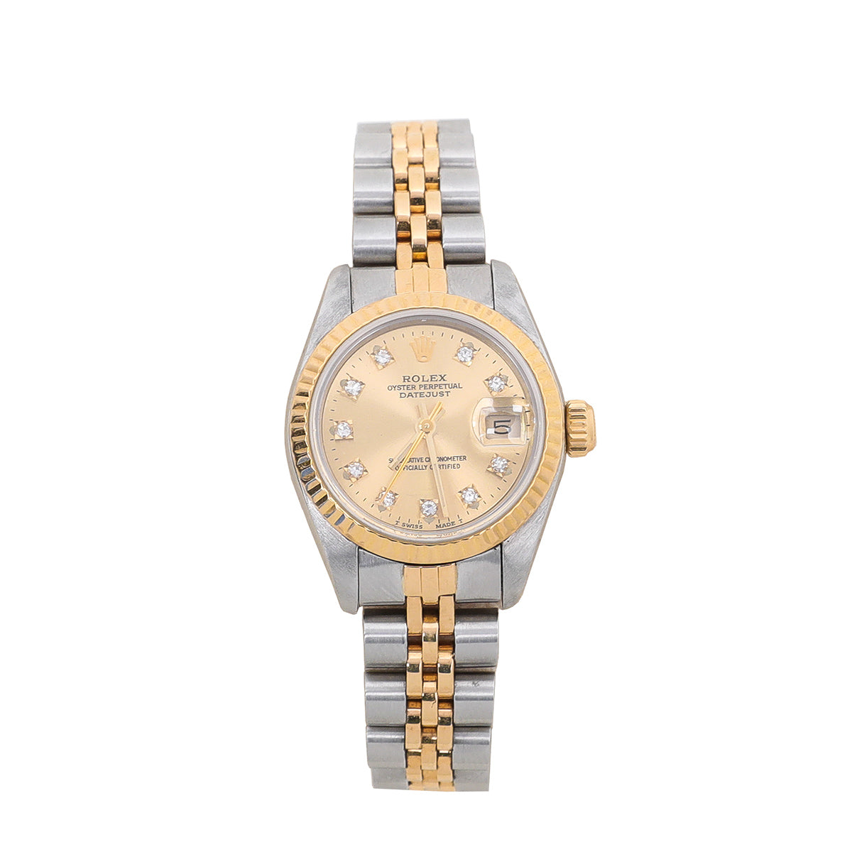 Rolex 18K Yellow Gold Fluted Bezel Datejust 26mm Steel Diamond Dial Watch