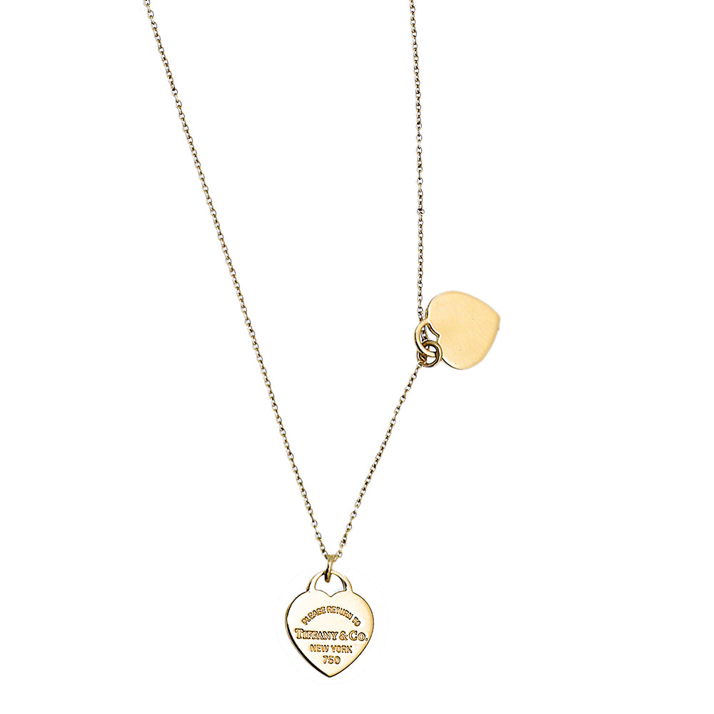 Tiffany & Co 18K Yellow Gold Double Mini Heart Tag Pendant Necklace