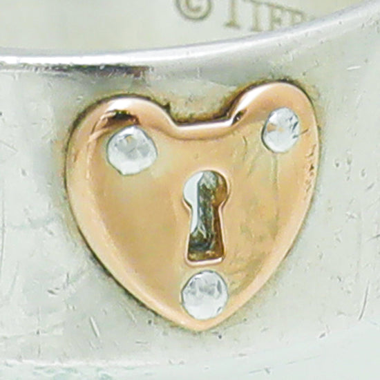 Tiffany & Co Silver Rose Gold Keyhole Heart Lock Ring 53