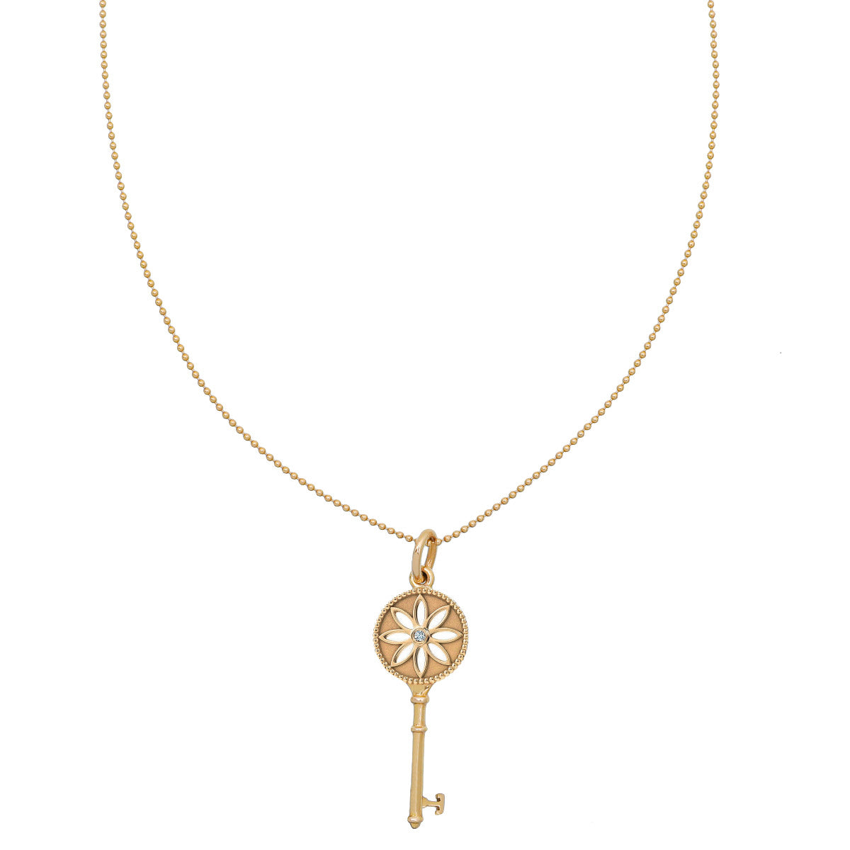 Tiffany & Co 18K Yellow Gold Diamond Daisy Key Pendant Beaded Chain Necklace