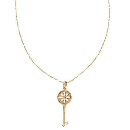 Tiffany & Co 18K Yellow Gold Diamond Daisy Key Pendant Beaded Chain Necklace