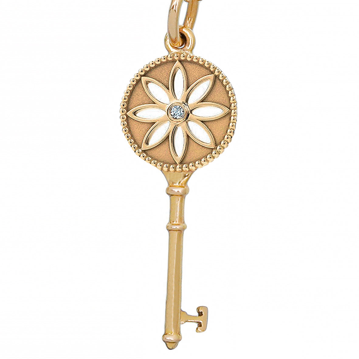 Tiffany & Co 18K Yellow Gold Diamond Daisy Key Pendant Beaded Chain Necklace-Tiffany & Co-THE CLOSET
