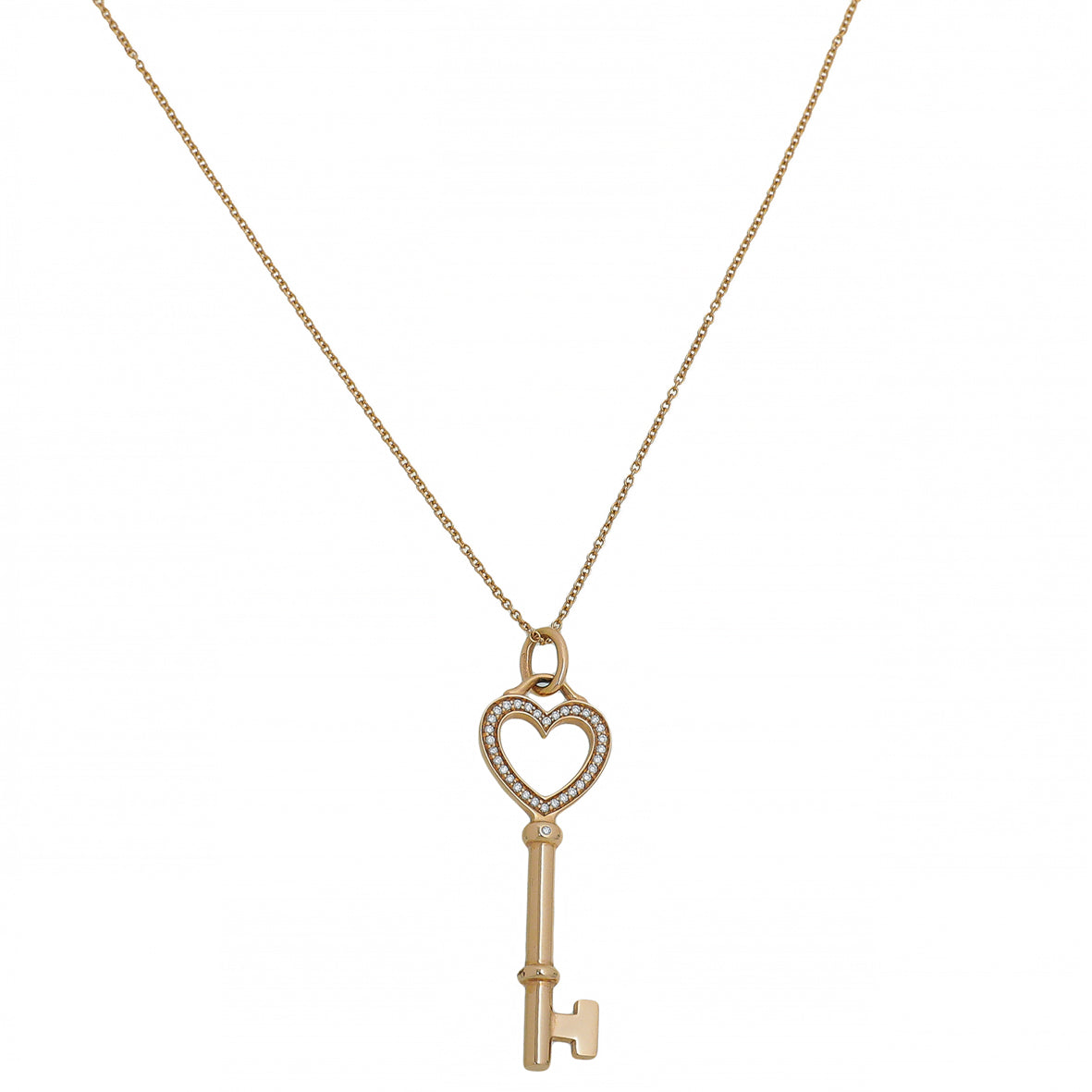 Tiffany & Co 18K Yellow Gold Diamond Heart Key Charm Necklace