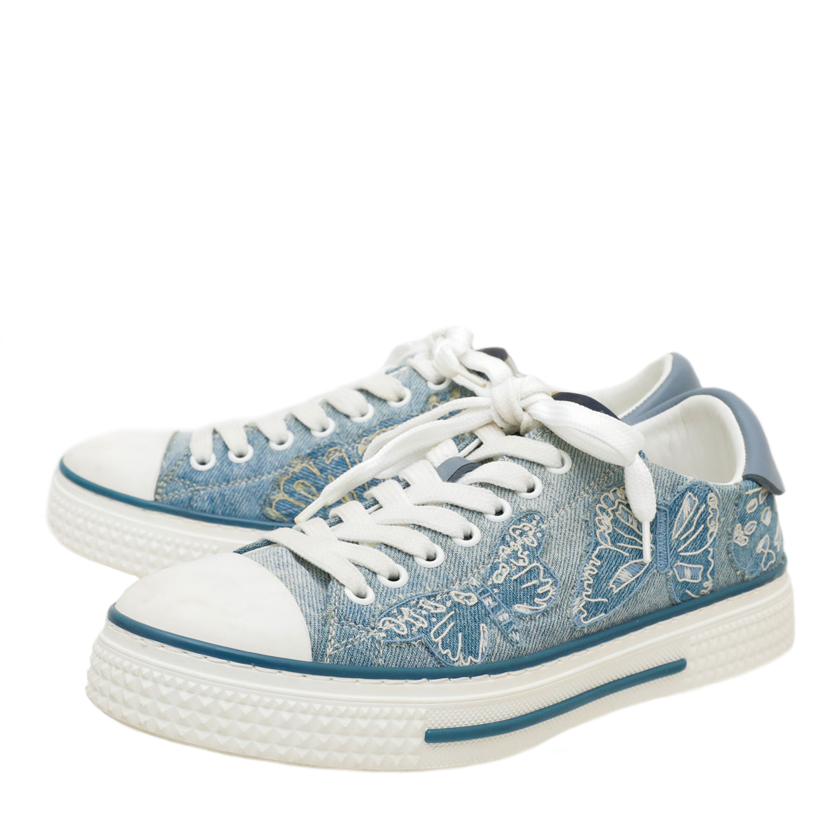 Valentino Blue Denim Butterfly Embroidered Sneakers 37-Valentino-THE CLOSET