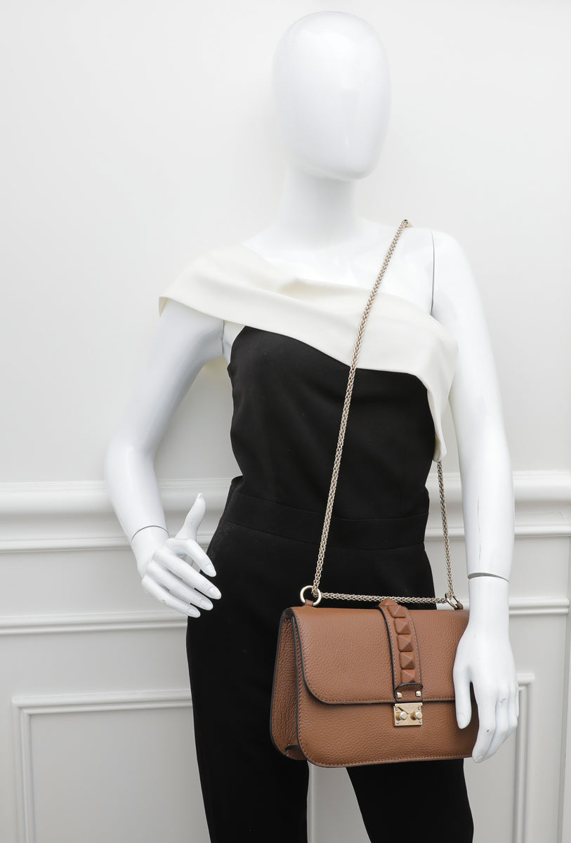 Valentino Beige Leather Medium Rockstud Glam Lock Flap Bag