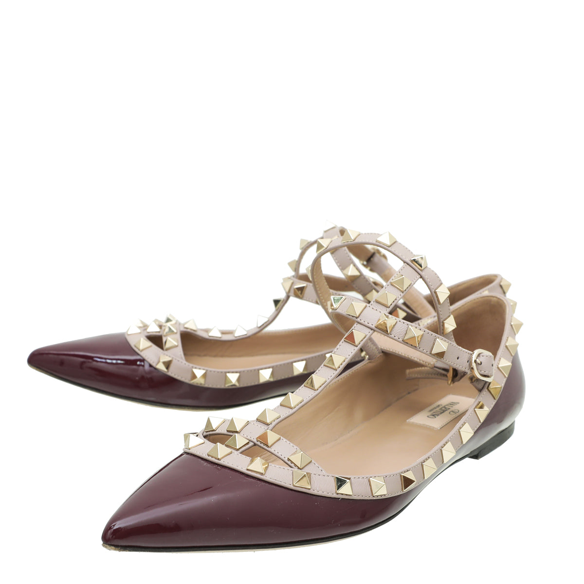 Valentino Burgundy Rockstud Caged Ballet Flat 40-Valentino-THE CLOSET
