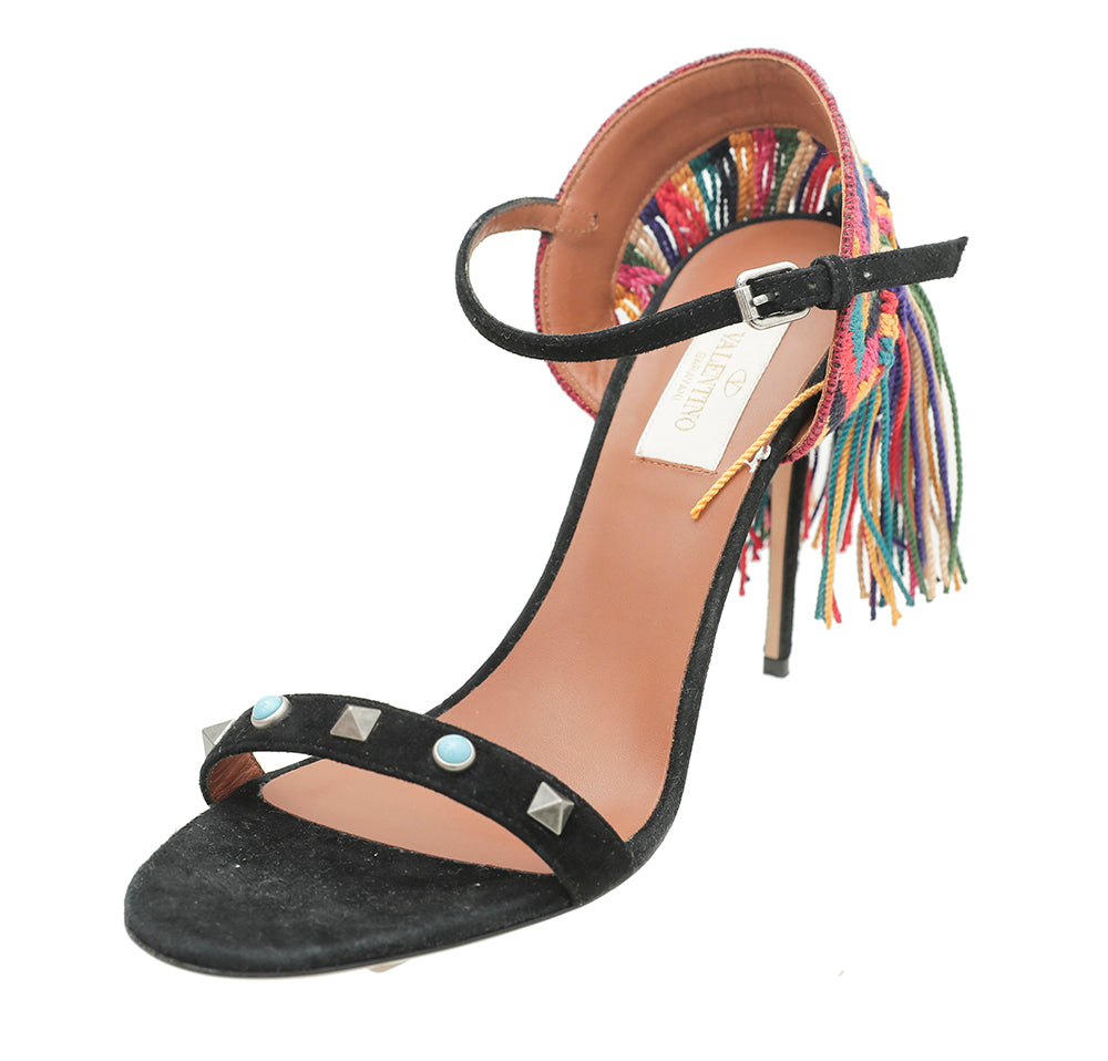 Valentino Black Multicolor Suede Rockstud Rolling Fringe Sandals 37-Valentino-THE CLOSET
