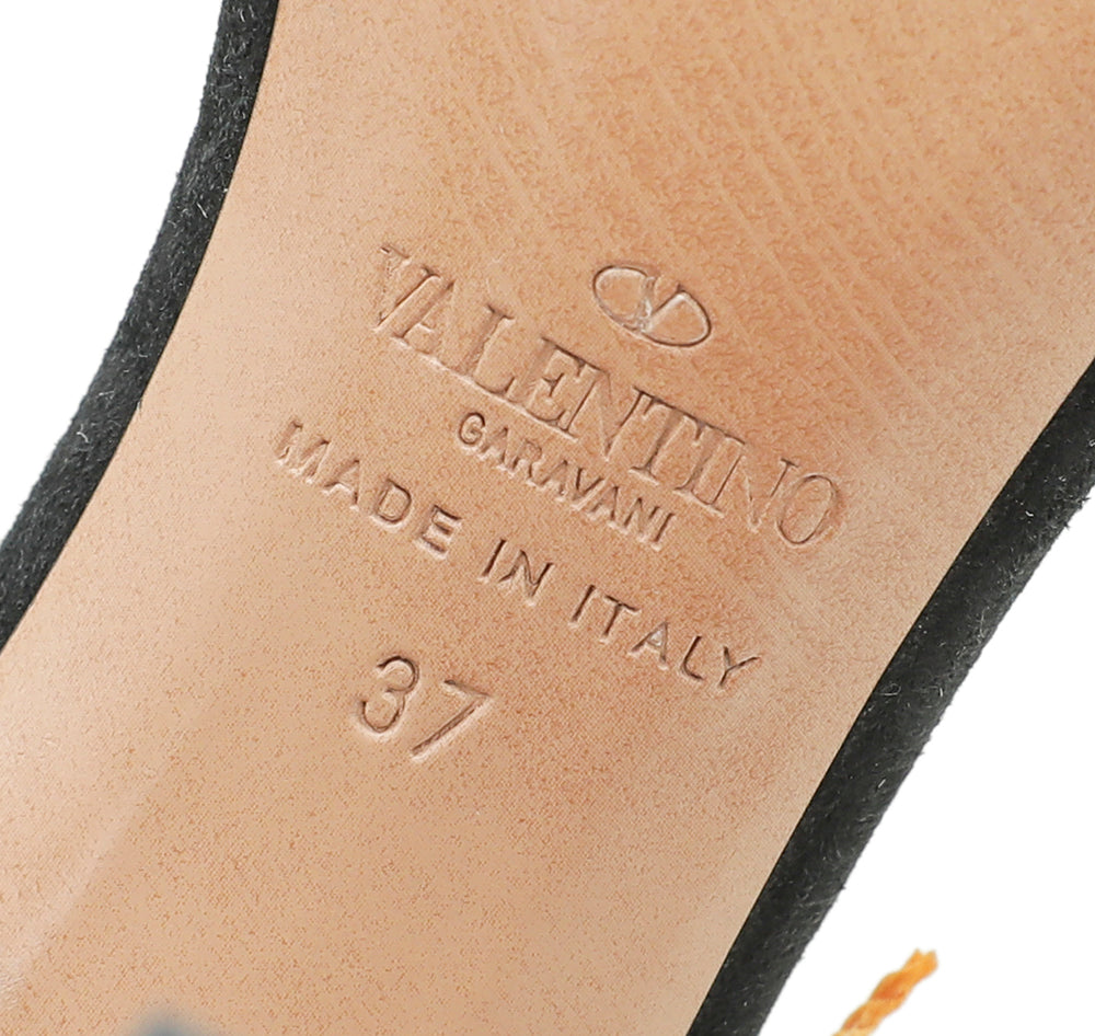 Valentino Black Multicolor Suede Rockstud Rolling Fringe Sandals 37