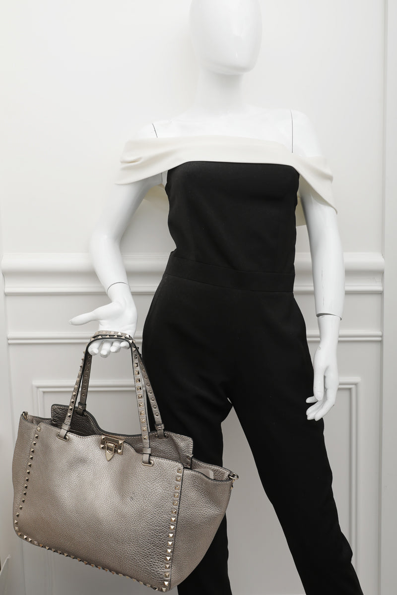 Valentino Champagne Vitello Rockstud Medium tote Bag-Valentino-THE CLOSET