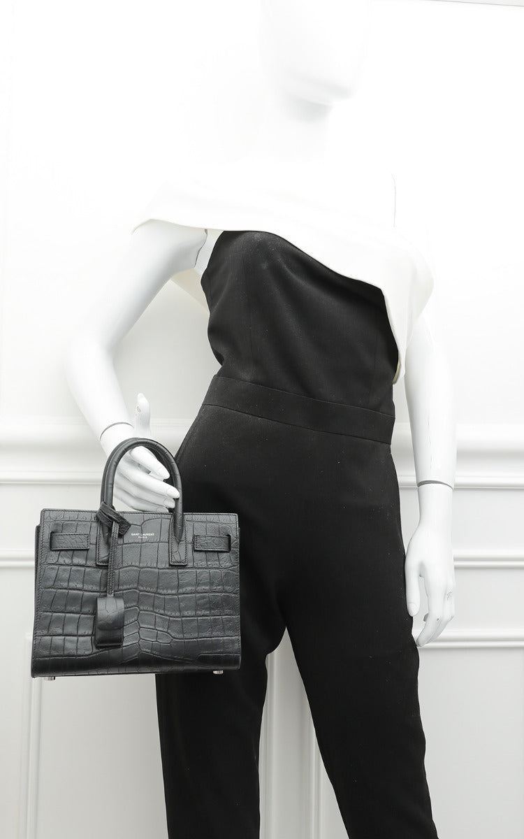 YSL Black Croc Embossed Sac De Jour Bag-YSL-THE CLOSET