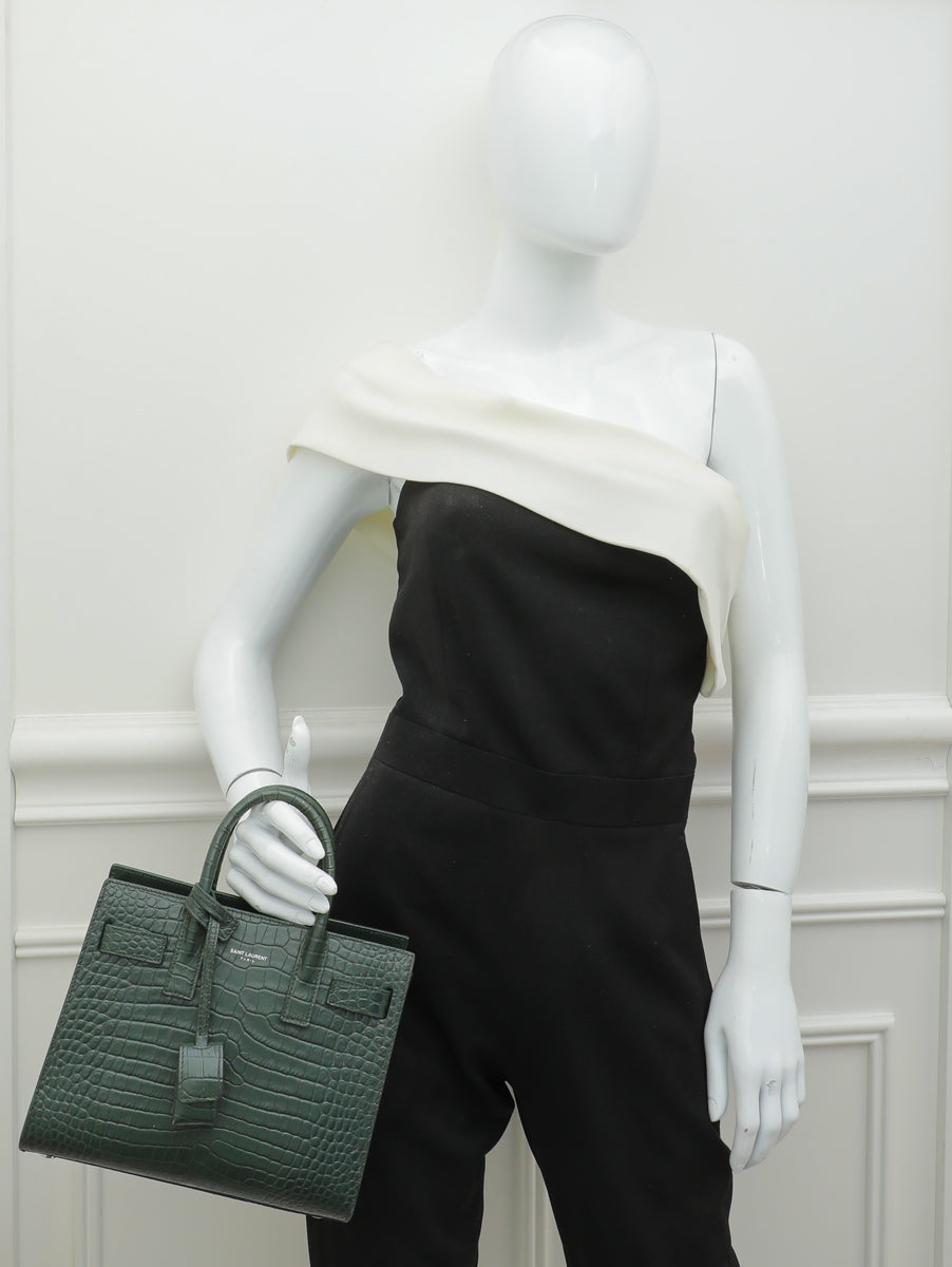 YSL Green Croc Embossed Sac De Jour Bag-YSL-THE CLOSET