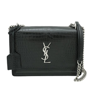 YSL Dark Green Croc Embossed Sunset Bag