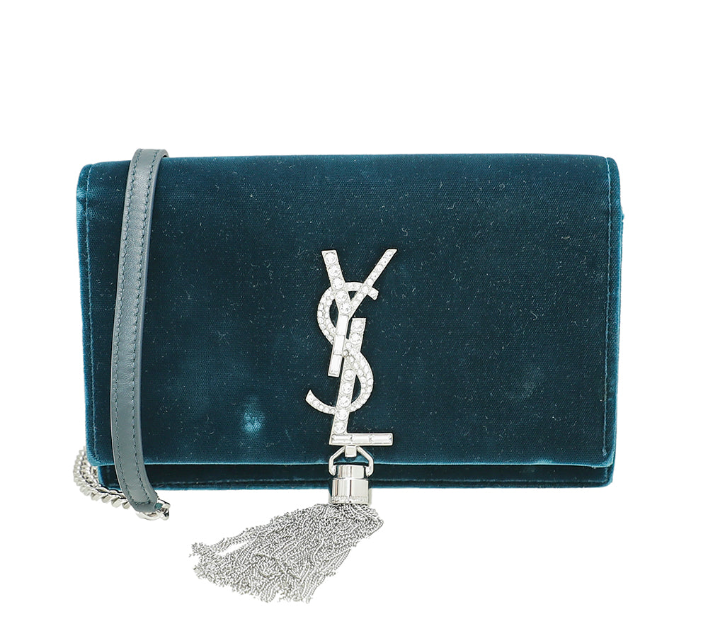 YSL Dark Teal Crystal Monogram Kate Tassel Chain Wallet