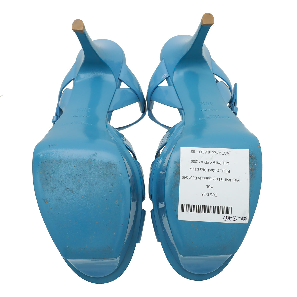 YSL Blue Mid Heel Tribute Sandals 38.5-YSL-THE CLOSET