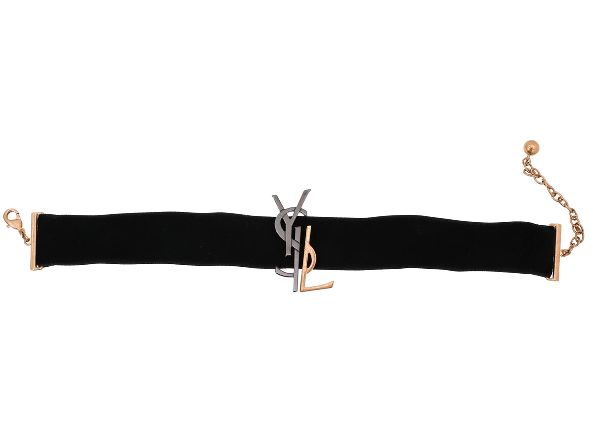 YSL Black Monogram Velvet Logo Choker Necklace