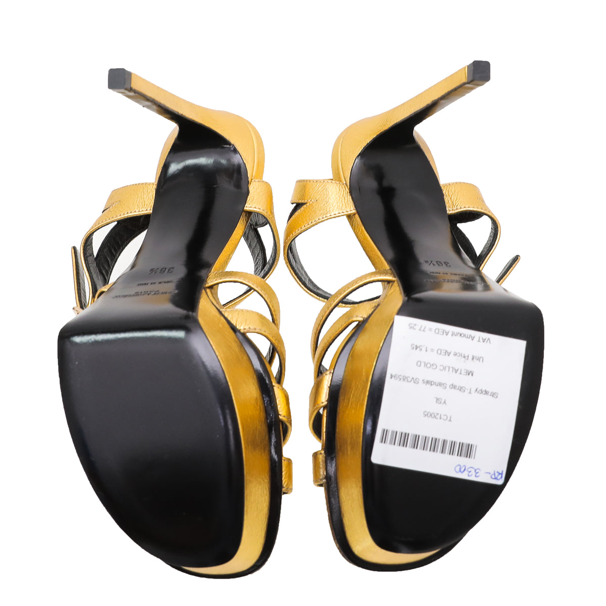 YSL Metallic Gold Strappy T-Strap Sandals 36.5