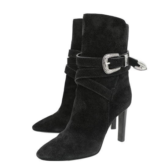 YSL Black Suede Mica Buckle Western Ankle Boot 37